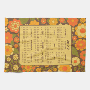 Paño De Cocina Calendario de Año Completo - Flores Retro - Verde
