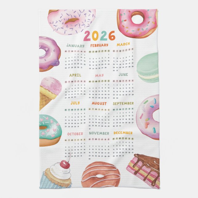 Paño De Cocina Calendario de postre acuarela Donut 2026 (Vertical)