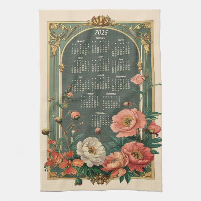 Paño De Cocina Calendario de regalos de Art Nouveau Peony 2025 (Vertical)