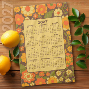 Paño De Cocina Calendario del año 2027 - Flores Retro - Verde Mar
