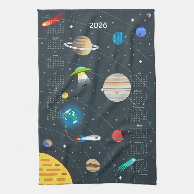 Paño De Cocina Calendario del Espacio Ultraterrestre Retro 2026 (Vertical)