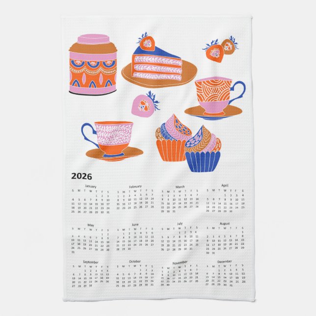 Paño De Cocina Calendario del té de la tarde de 2026 de Folk Art  (Vertical)