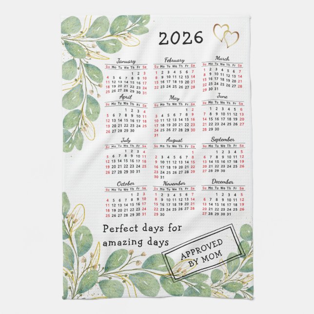 Paño De Cocina Calendario Elegante Personalizado Eucalyptus 2026 (Vertical)