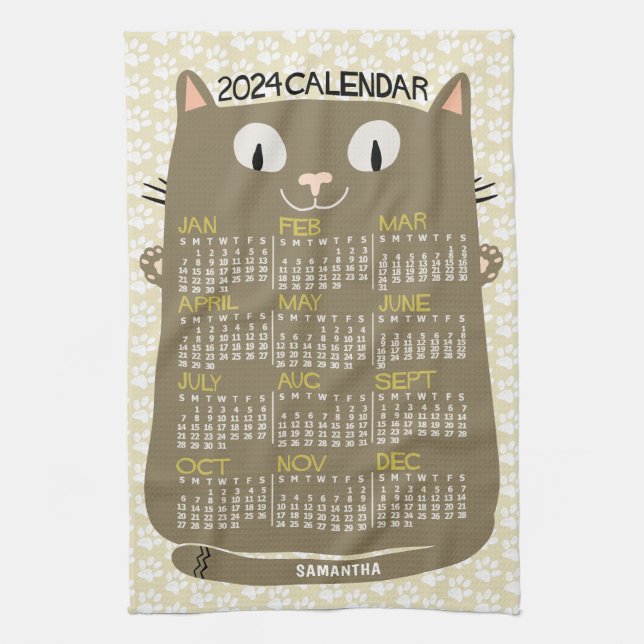 Paño De Cocina Calendario mensual de 2024 años gato marrón de med (Vertical)