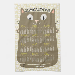 Paño De Cocina Calendario Mensual de 2025 Años Gato Marrón De Med