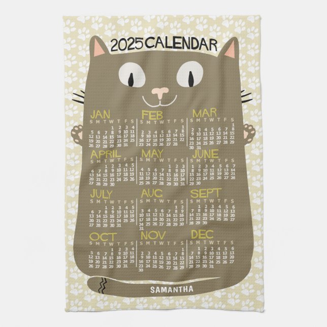 Paño De Cocina Calendario Mensual de 2025 Años Gato Marrón De Med (Vertical)