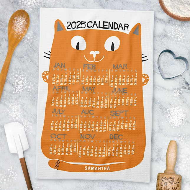 Paño De Cocina Calendario mensual de 2025 años Naranja Cat de med (Subido por el creador)