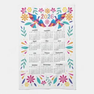 Paño De Cocina Calendario Mexicano 2026 Flores y aves otomíes vol
