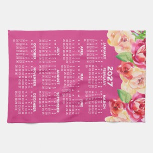 Paño De Cocina Calendario Pintado Acuarela Flores rosa caliente