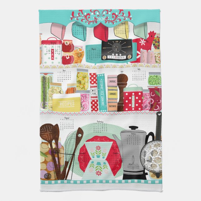 Paño De Cocina Calendario Retro Mid Century Kitchen 2026 (Vertical)