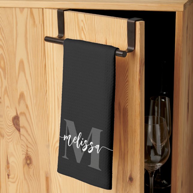 Paño De Cocina Calligrafía de pincel monograma negro (Pliegue de tercios)