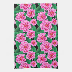 Paño De Cocina Camelias Rosa Fucsia y Hojas Verde Jade