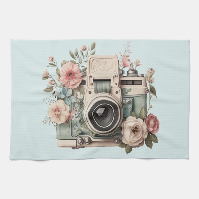 Paño De Cocina Camera with Flowers Retro Pastel Image (Horizontal)