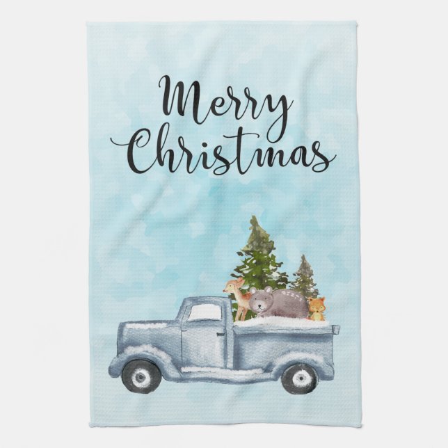 Paño De Cocina Camión navideño con árboles y animales (Vertical)