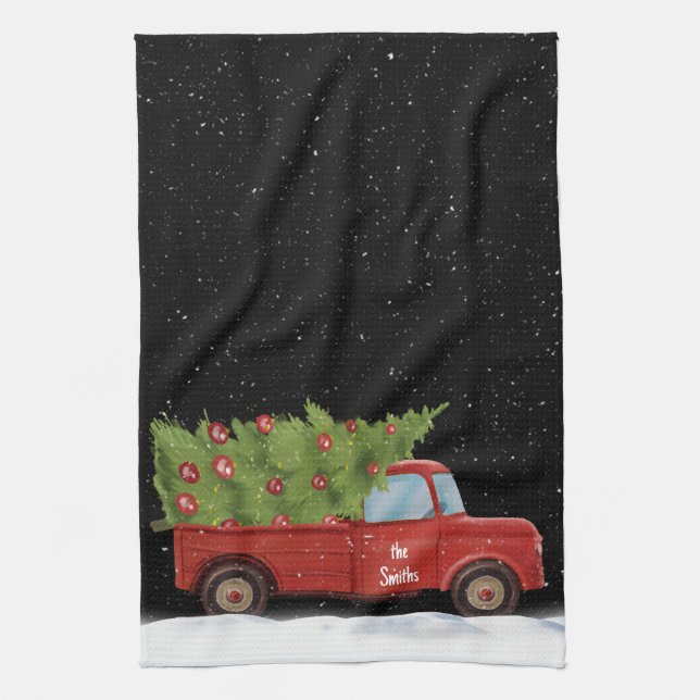 Paño De Cocina Camión rojo de Navidad con nombre (Vertical)