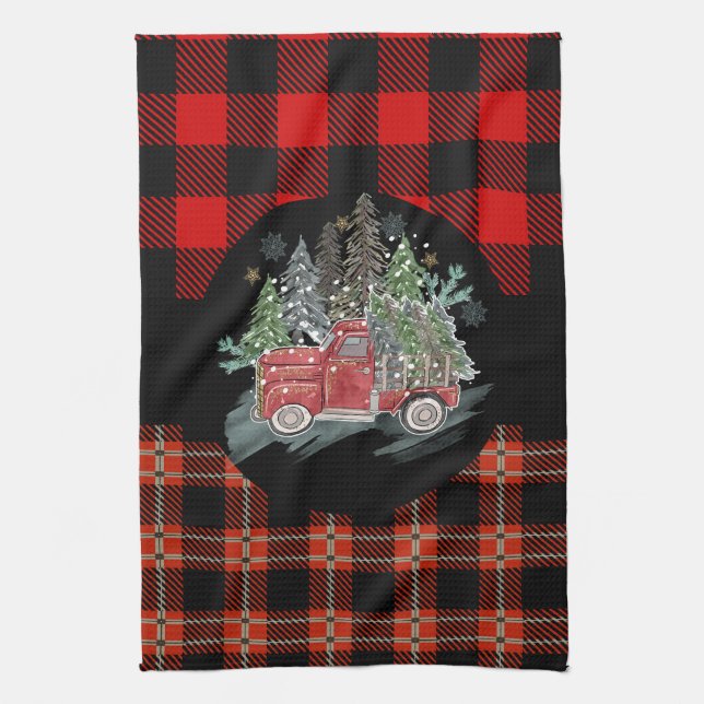 Paño De Cocina Camión Rojo de Navidad de Cuadro Búfalo (Vertical)