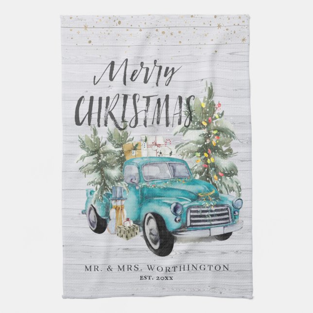 Paño De Cocina Camioneta de granja rústica | Té de Navidad con mo (Vertical)