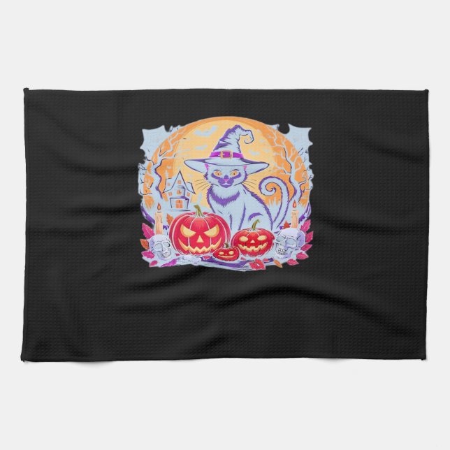 Paño De Cocina Camiseta Clásica de Halloween Ghost Pumpkin Cat (Horizontal)
