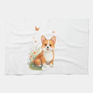 Paño De Cocina Camiseta de perro Akita con flor y mariposa
