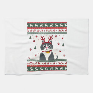 Paño De Cocina Camiseta Fea de Navidad de Gato Reno