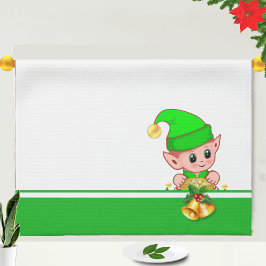 Paño De Cocina Campanas de Navidad y Elfo Bonito en Verde y Blanc
