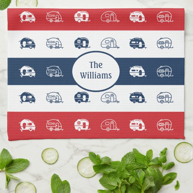 Paño De Cocina Campers de nombre patriótico, rojo, blanco y azul (Doblado)