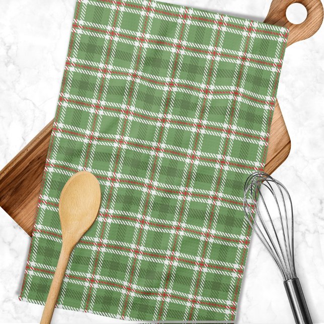 Paño De Cocina Campesina de vacaciones verdes rusticas para navid (Simple green plaid rustic kitchen towel.)