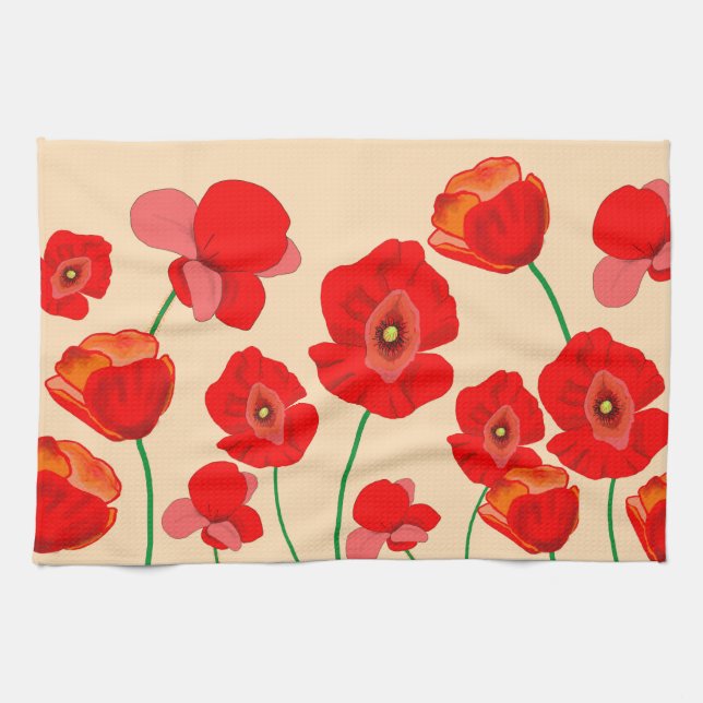Paño De Cocina Campo de flores de amapola roja sobre fondo beige (Horizontal)