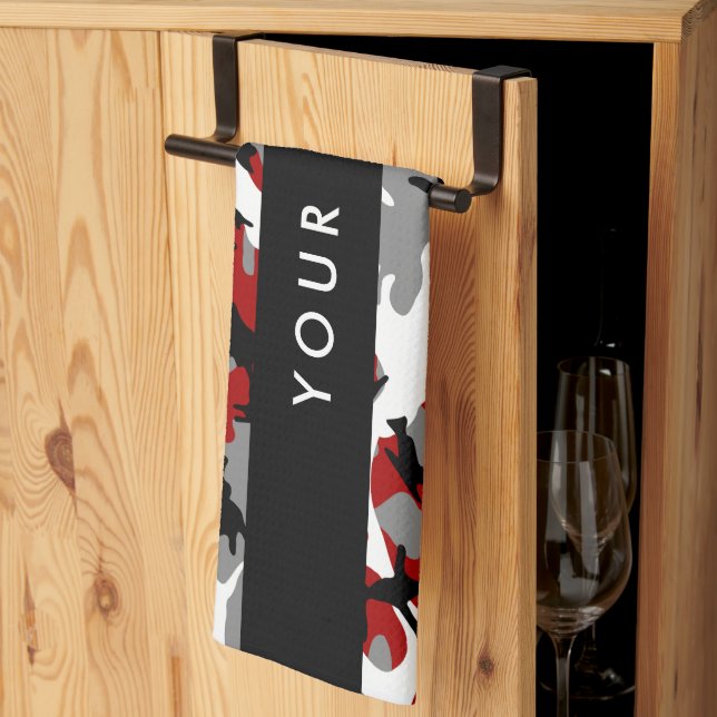 Paño De Cocina Camuflaje rojo y gris Tu nombre Personaliza (Pliegue de tercios)