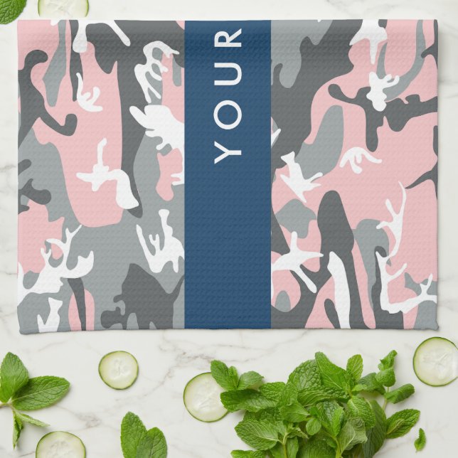 Paño De Cocina Camuflaje rosa y gris Tu nombre Personaliza (Doblado)