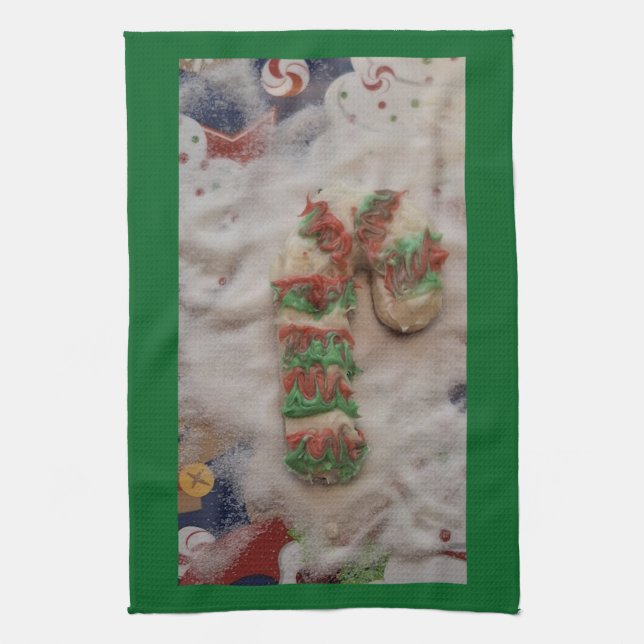 Paño De Cocina Candy Cane Hand Towel on Green (Vertical)