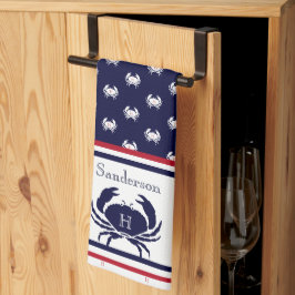 Paño De Cocina Cangrejo blanco azul monogramado Nautical