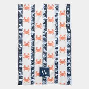 Paño De Cocina Cangrejo Preppy Llave Griega Coral y Monograma Azu
