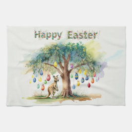 Paño De Cocina Canguro bajo árbol de goma con huevos de Pascua