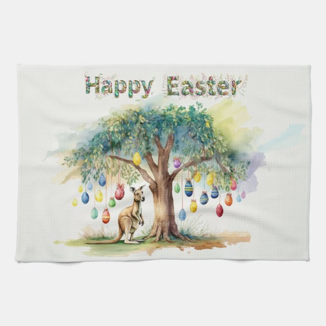 Paño De Cocina Canguro bajo árbol de goma con huevos de Pascua (Horizontal)