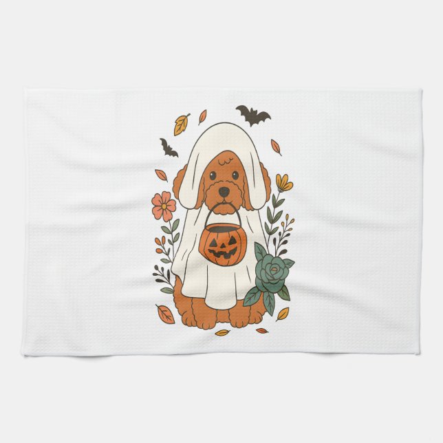 Paño De Cocina Caniche de Halloween con flores de otoño (Horizontal)