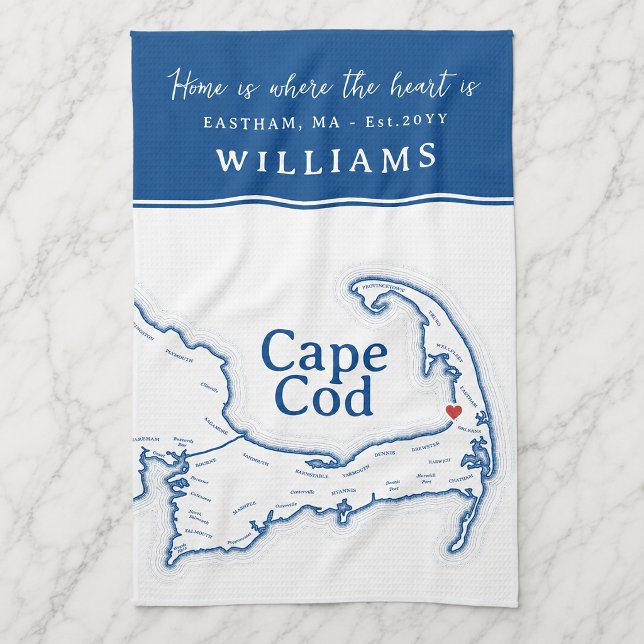 Paño De Cocina Capa azul marino de Cape Cod Mapa Nueva Casa (Cape Cod Map Kitchen Towel housewarming gift, new home present with heart over Brewster)