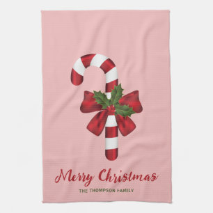Paño De Cocina Caramelo de Navidad con un lazo y acebo de Navidad