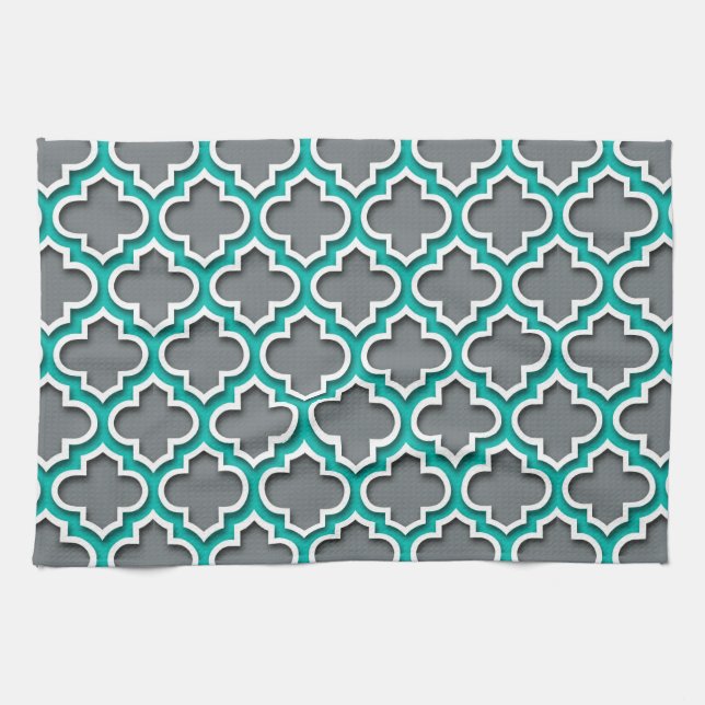 Paño De Cocina Carbón Gris Verde azulado blanco, hoja de cuatros  (Horizontal)
