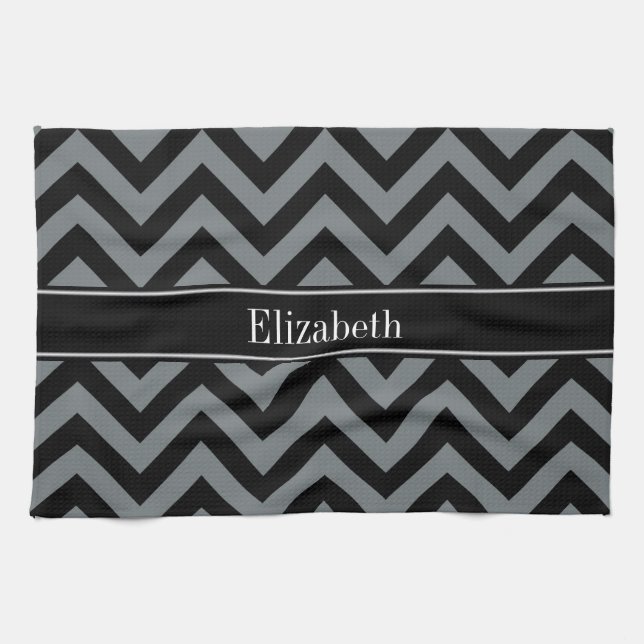 Paño De Cocina Carbón, negro Chevron Black Name Monograma (Horizontal)