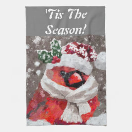 Paño De Cocina Cardenal Bird Scarf y Gorra en Navidades de nieve