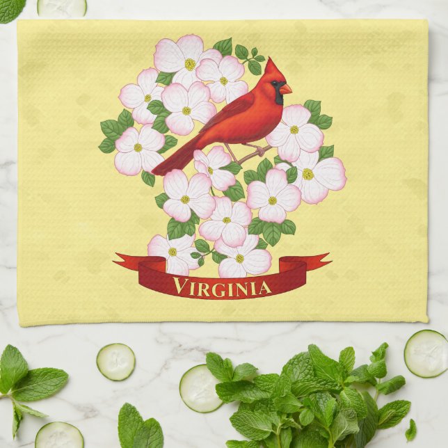 Paño De Cocina Cardenal estatal de Virginia Bird and Dogwood Flow (Doblado)