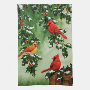 Paño De Cocina Cardenales rojos del norte y acebo
