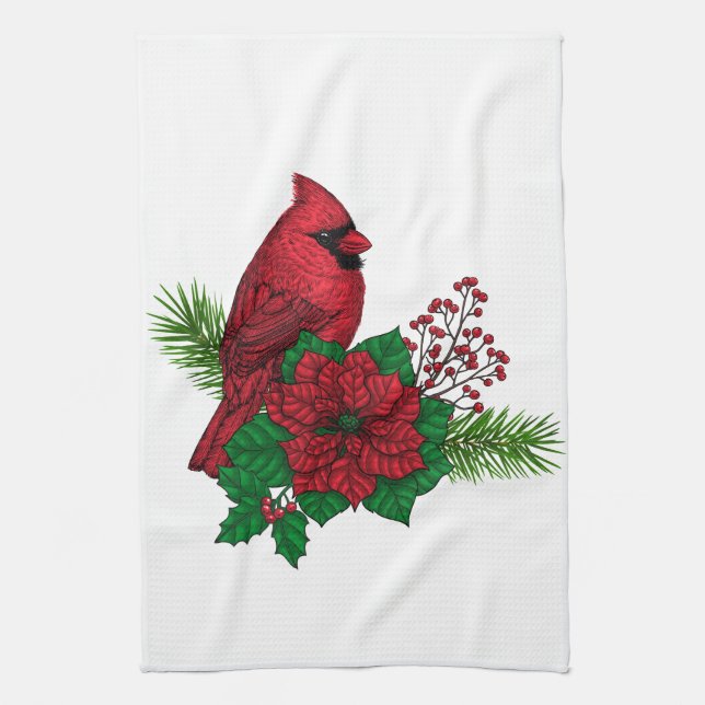 Paño De Cocina Cardenales rojos sobre decoración de Navidades (Vertical)