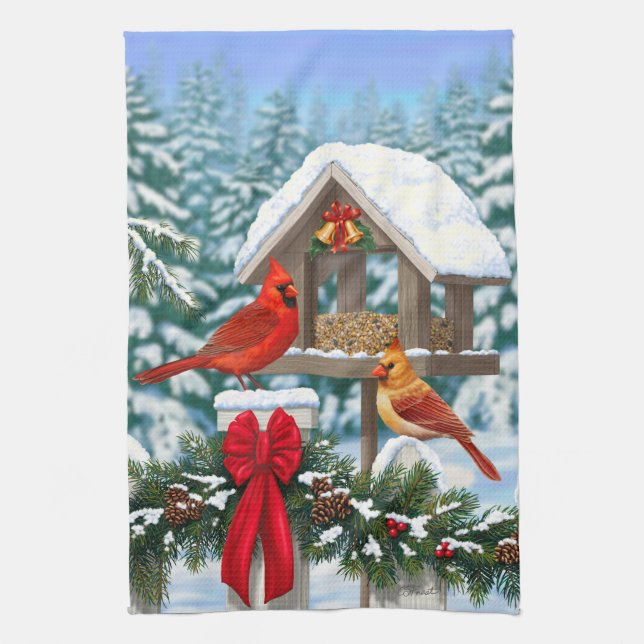 Paño De Cocina Cardenales y Navidades Alimentador de aves (Vertical)