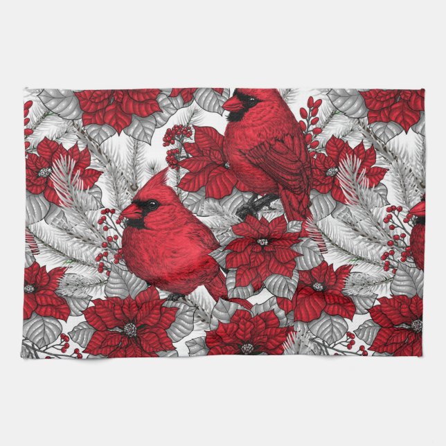 Paño De Cocina Cardenales y poinsettia en rojo y blanco (Horizontal)