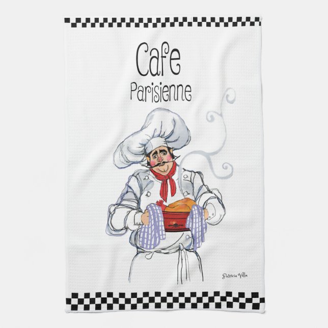 Paño De Cocina Caricatura del chef francés gorda Cheques blancos  (Vertical)