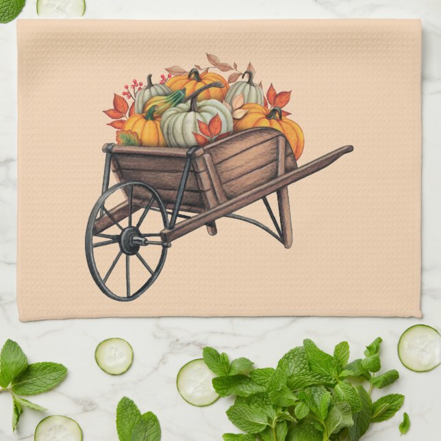 Paño De Cocina Carretilla de otoño con calabazas (Doblado)