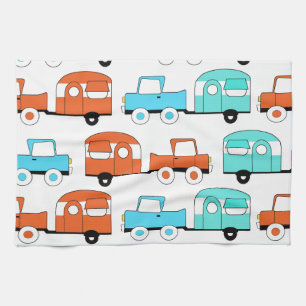 Paño De Cocina Carro de vintage del Naranja Turquesa del Camping