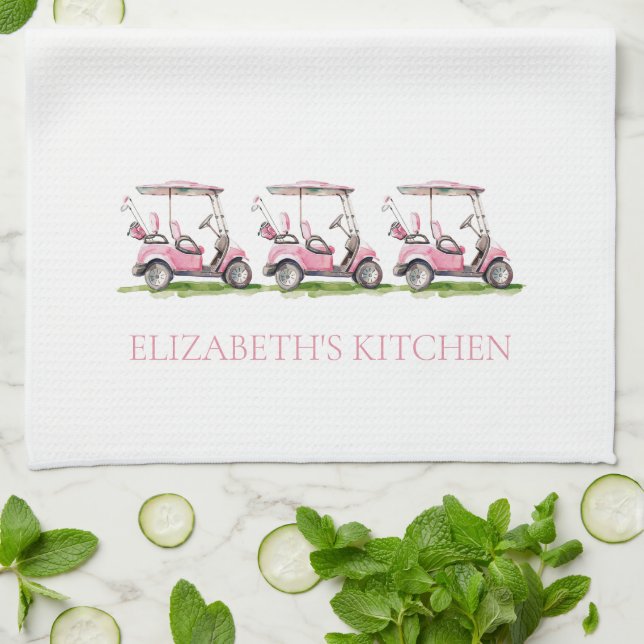 Paño De Cocina Carros de golf rosa preppy personalizados (Doblado)